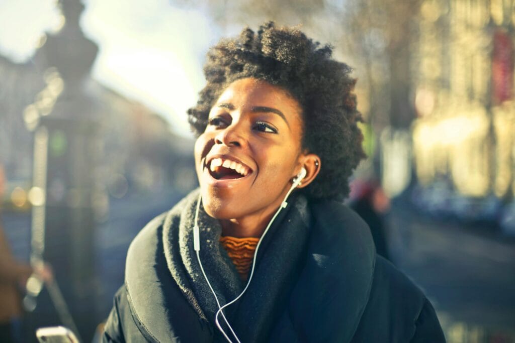 A woman smiling