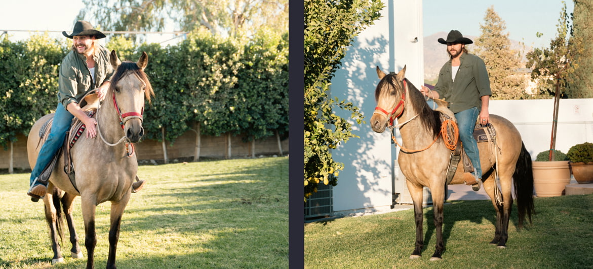 A participant engaging in equine therapy at Tranquility Recovery Center in Sun Valley, Los Angeles, riding a calm and supportive horse in a serene outdoor setting.