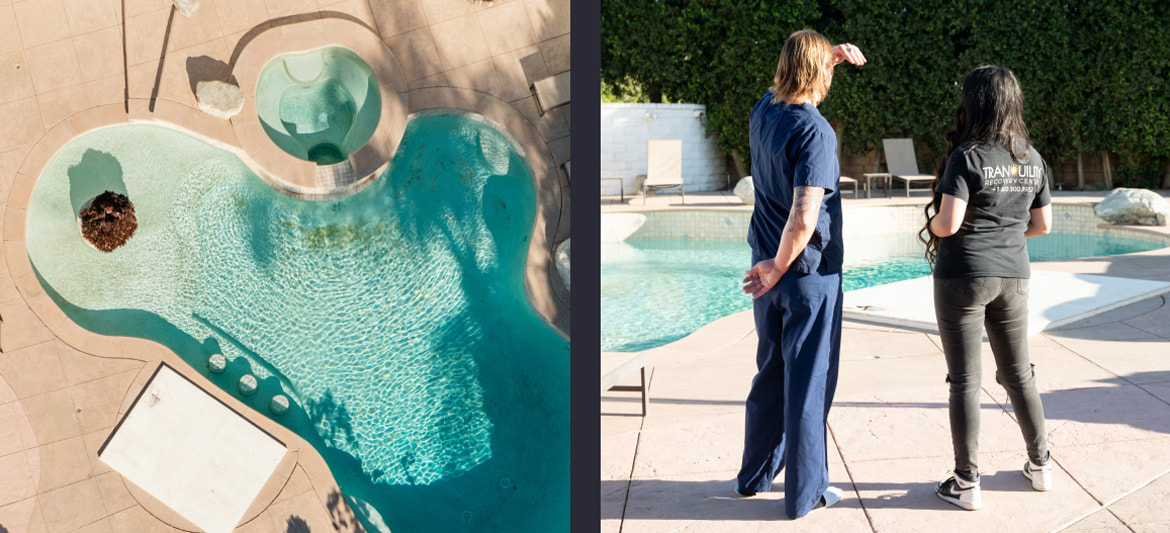 View of the tranquil pool area at Tranquility Recovery Center, alongside staff members discussing patient care in a supportive outdoor setting.