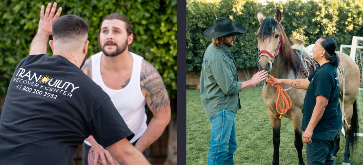 Clients engaging in outdoor therapy activities at Tranquility Recovery Center, including physical interaction and equine therapy with trained professionals.