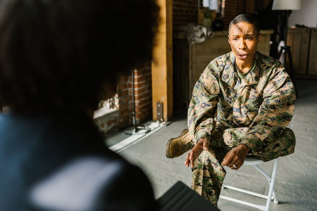 female soldier talking about veteran ptsd and substance abuse