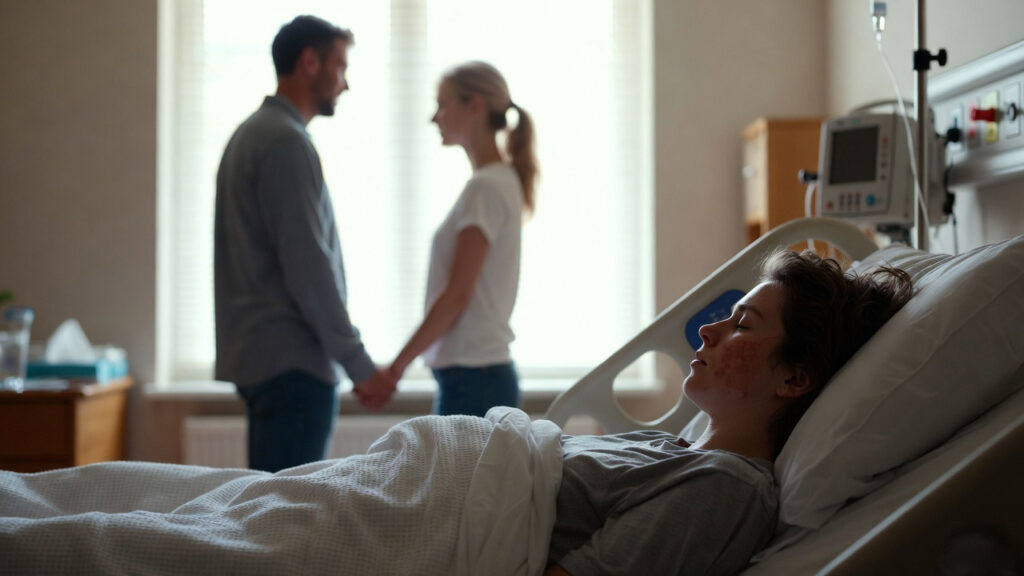 mom and dad talking next to their son